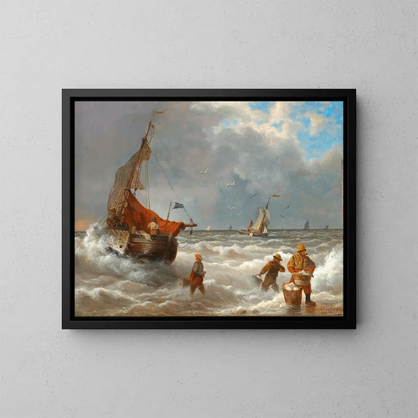 Pescatori sulla riva - Andreas Achenbach — quadro incorniciato alla parete