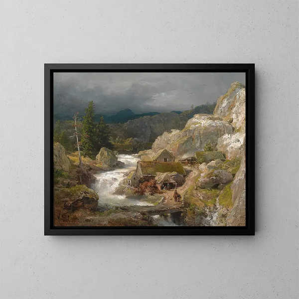 Mulino sul bordo del ruscello - Andreas Achenbach — quadro incorniciato alla parete