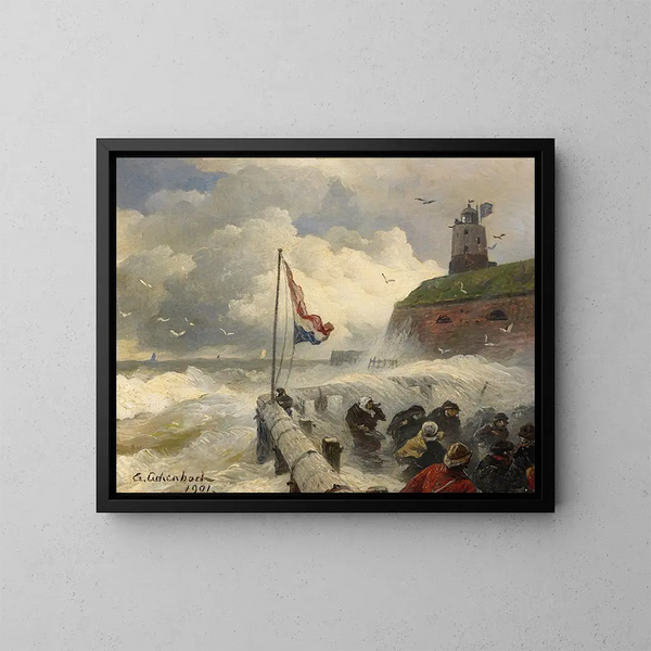 Tempesta sul frangiflutti - Andreas Achenbach — quadro incorniciato alla parete