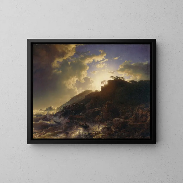Tramonto dopo una tempesta sulla costa della Sicilia - Andreas Achenbach — quadro incorniciato alla parete