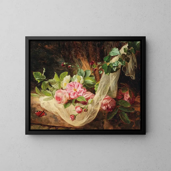 Nature morte con rose su un suolo forestale - Andreas Lach — quadro incorniciato alla parete