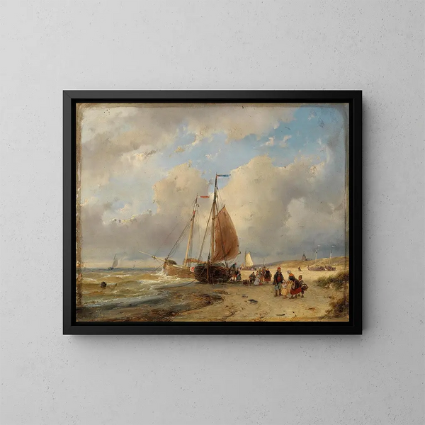 Una famiglia di pescatori sulla spiaggia - Andreas Schelfhout — quadro incorniciato alla parete