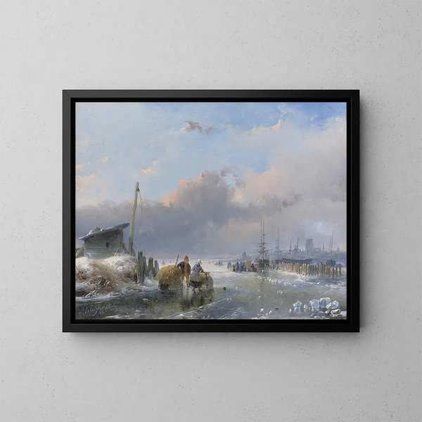 Una vista di Dordrecht in inverno - Andreas Schelfhout — quadro incorniciato alla parete