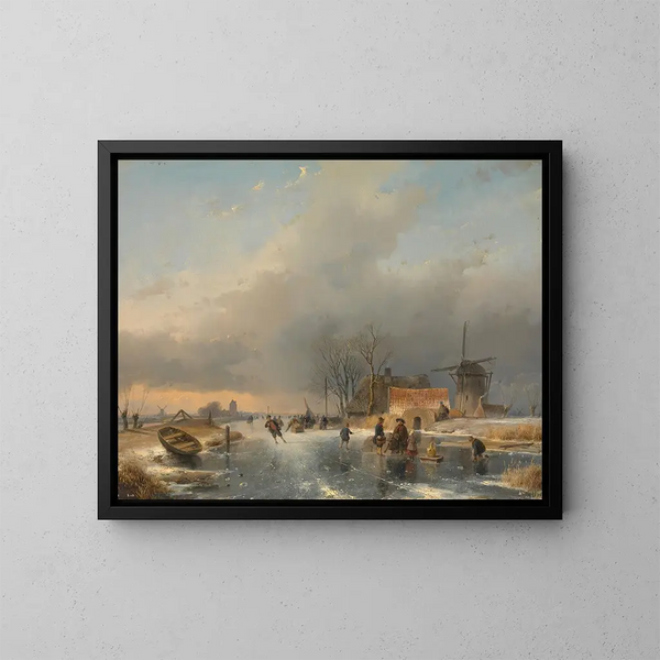 Un paesaggio invernale con un mulino e case vicino a un canale ghiacciato - Andreas Schelfhout — quadro incorniciato alla parete