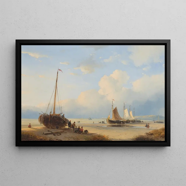 Pescatori con barche arenate - Andreas Schelfhout — quadro incorniciato alla parete