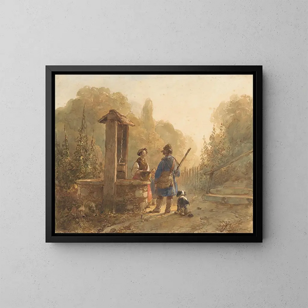 Cacciatore in conversazione con una contadina vicino a un pozzo, un cane al suo fianco - Andreas Schelfhout — quadro incorniciato alla parete