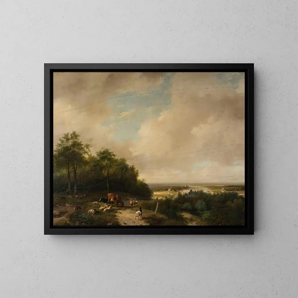 Paesaggio con un gregge ai margini della foresta - Andreas Schelfhout — quadro incorniciato alla parete