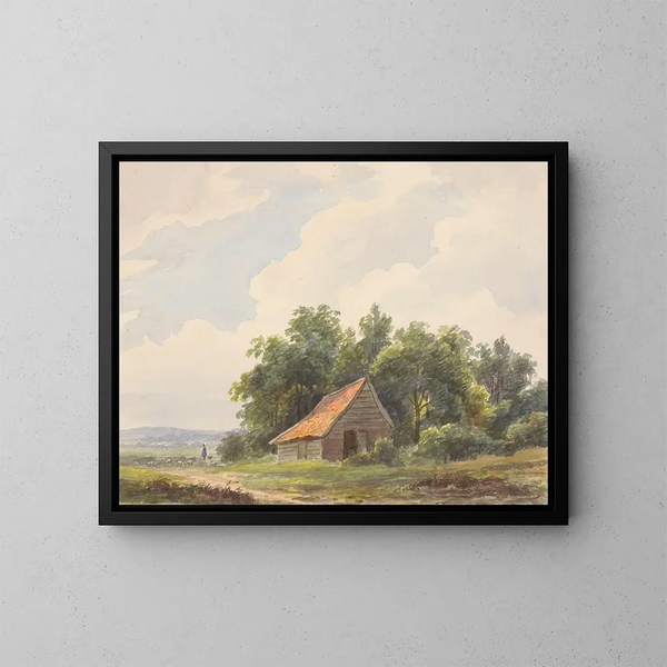 Paesaggio con un fienile e in lontananza un pastore con le pecore - Andreas Schelfhout — quadro incorniciato alla parete