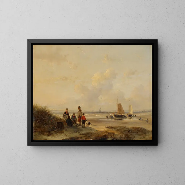 Dei pescatori in riposo su una spiaggia in una giornata chiara - Andreas Schelfhout — quadro incorniciato alla parete