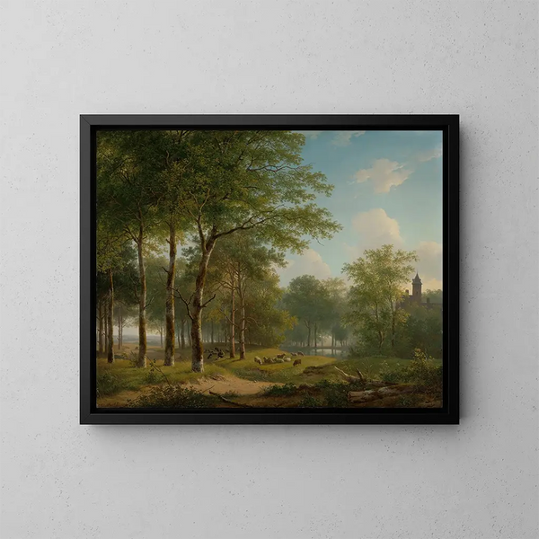 Bergère che si riposa su un sentiero di campagna vicino a un castello - Andreas Schelfhout — quadro incorniciato alla parete