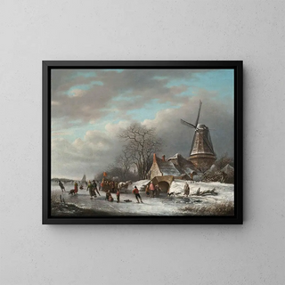 Andreas Schelfhout - Skaters on a Dutch waterway by a windmill.webp