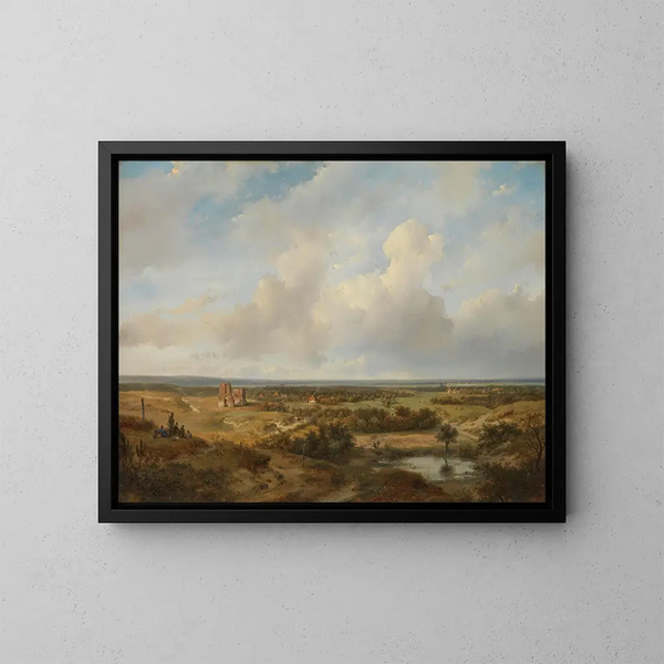 Vista delle dune con le rovine del castello di Brederode vicino a Santpoort - Andreas Schelfhout — quadro incorniciato alla parete