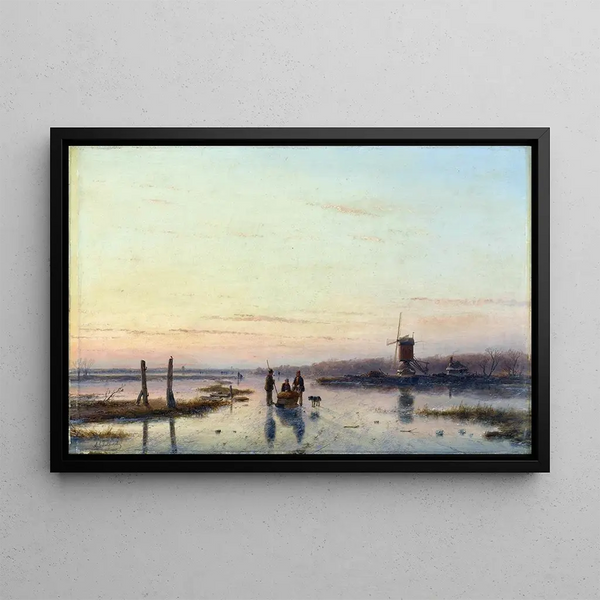 Mulino a vento vicino a un fiume ghiacciato - Andreas Schelfhout — quadro incorniciato alla parete