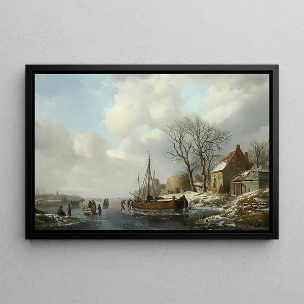 Paesaggio invernale con personaggi vicino a una barca su un corso d'acqua ghiacciato - Andreas Schelfhout — quadro incorniciato alla parete