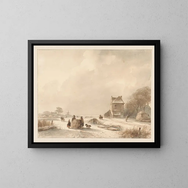 Paesaggio invernale con un carro di fieno e pattinatori - Andreas Schelfhout — quadro incorniciato alla parete