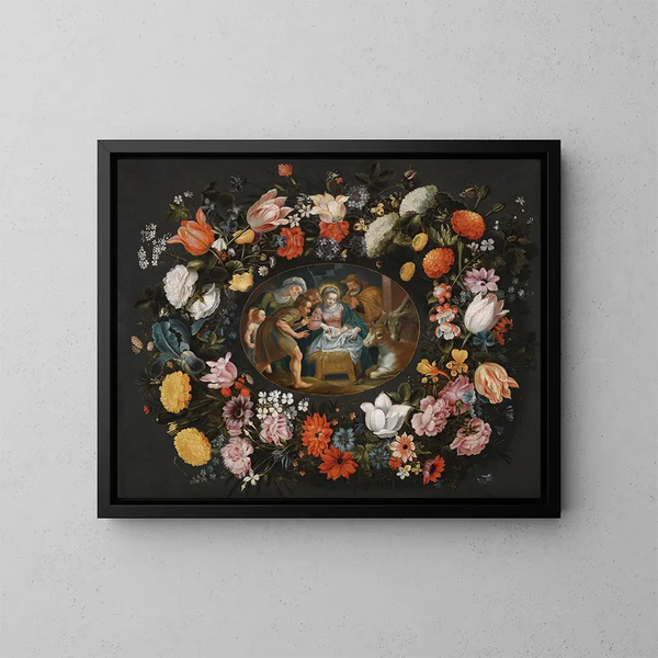 Adorazione dei pastori circondato da una ghirlanda di fiori - Andries Snellinck — quadro incorniciato alla parete