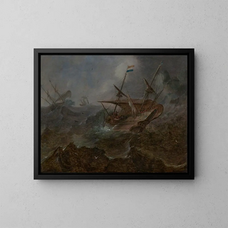 Andries van Eertvelt - A Dutch merchant in rough seas off a headland.webp