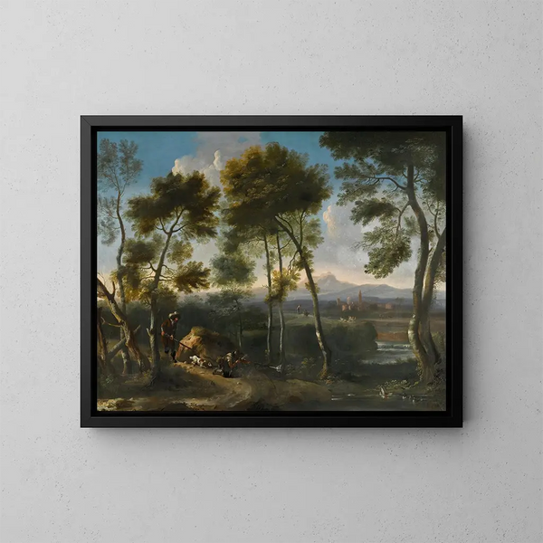 paesaggio in corsivo con cacciatori che sparano ai anatre - Angeluccio — quadro incorniciato alla parete