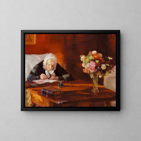 Ane Hedvig Brndum seduta alla sua scrivania nel soggiorno rosso - Anna Ancher — quadro incorniciato alla parete