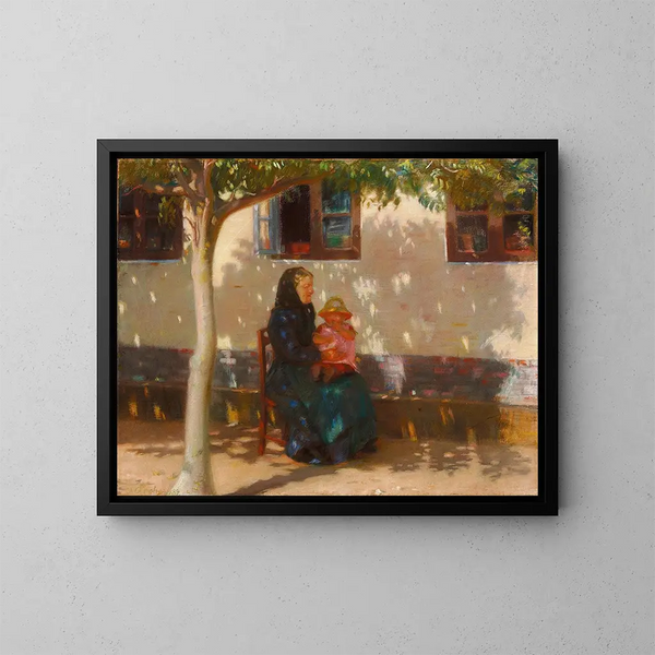 Donna di Skagen con la piccola Helga Ancher davanti a una casa imbiancata a calce sotto il sole - Anna Ancher — quadro incorniciato alla parete