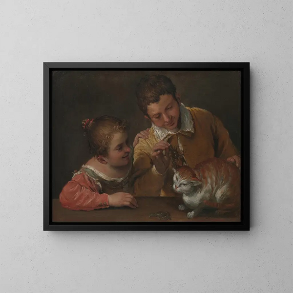Due bambini che stuzzicano un gatto - Annibale Carracci — quadro incorniciato alla parete