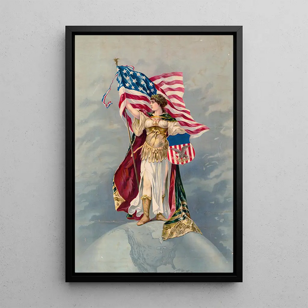 Columbia in piedi sulla terra che tiene una bandiera americana e un segno di marchio - Anonimo — quadro incorniciato alla parete