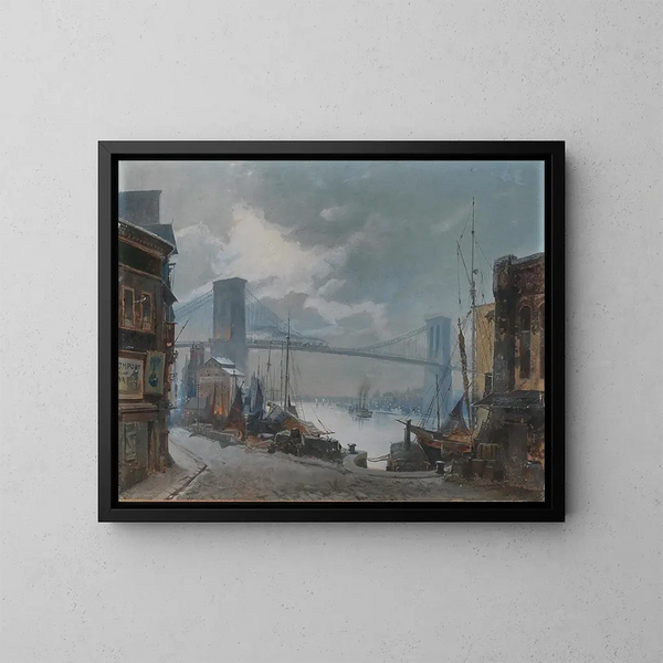 Vista della scena newyorkese del ponte di Brooklyn, aperto nel 1883, con South Street in primo piano - Anonimo — quadro incorniciato alla parete