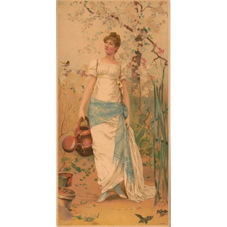 Anonymous - Woman in white dress with blue sash standing holding a watering can.webp