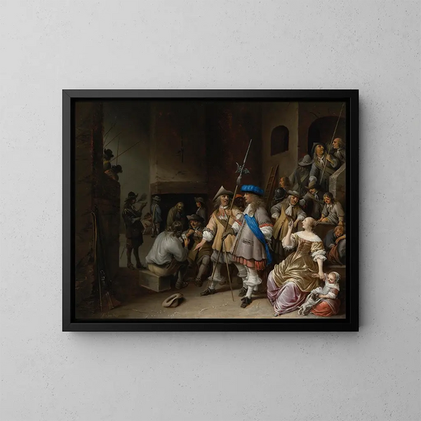 Interno di una sala di guardia con una compagnia di alabardieri, giocatori di carte e una donna con un bambino - Anthonie Palamedesz — quadro incorniciato alla parete