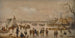 Personaggi che pattinano e scorrono in calesse su un lago ghiacciato con una tenda e una città in lontananza - Anthonie Verstraelen — vista dell’opera