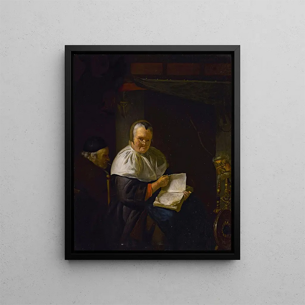 Interno con una donna che legge vicino a un filatoio e un uomo che fuma - Antoine van Dyck — quadro incorniciato alla parete