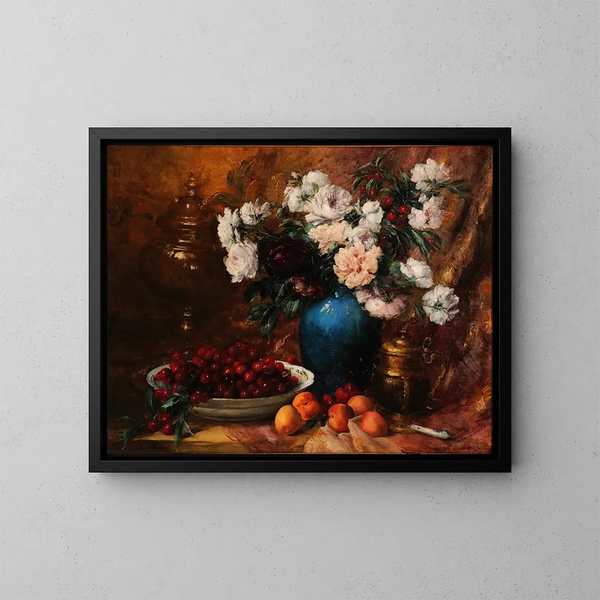 Vaso di fiori e di frutta - Antoine Vollon — quadro incorniciato alla parete
