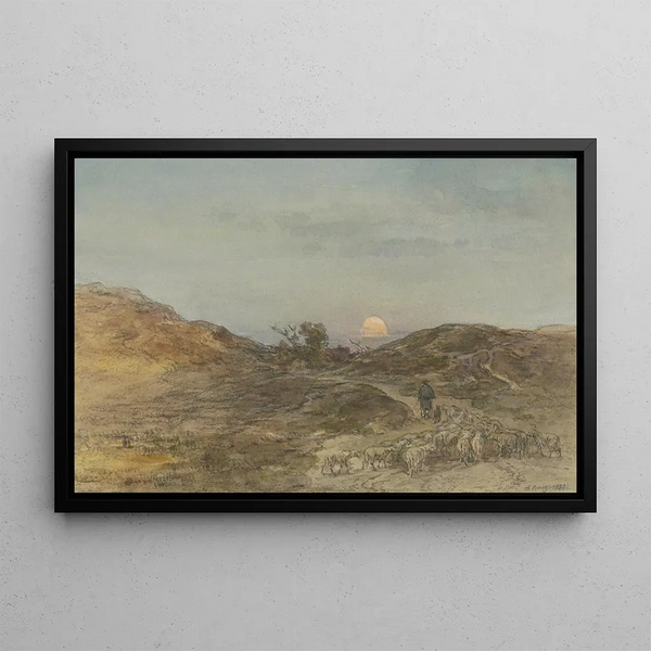 Strada sterrata con gregge di pecore al tramonto - Anton Burger — quadro incorniciato alla parete