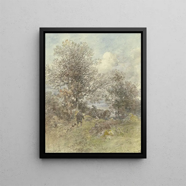 Paesaggio con cacciatore e contadino che carica legna - Anton Burger — quadro incorniciato alla parete