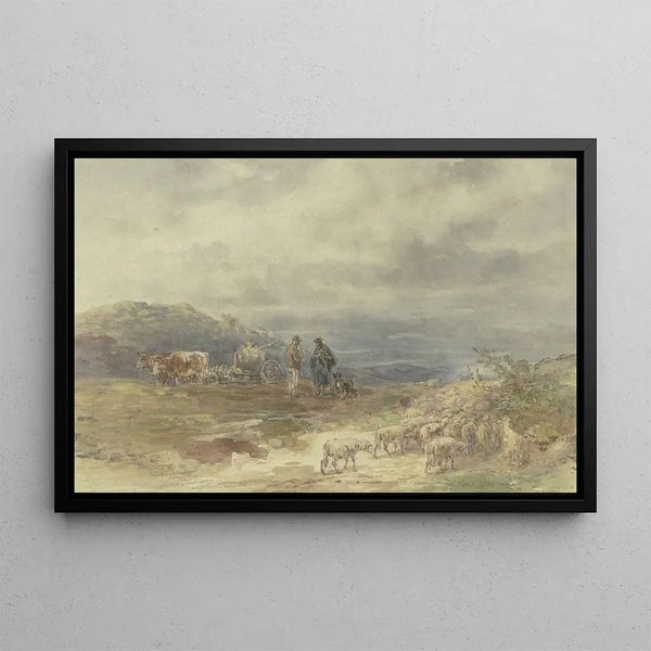 Anton Burger - Landschaft mit Schafherde und Ochsenfuhrwerk.webp