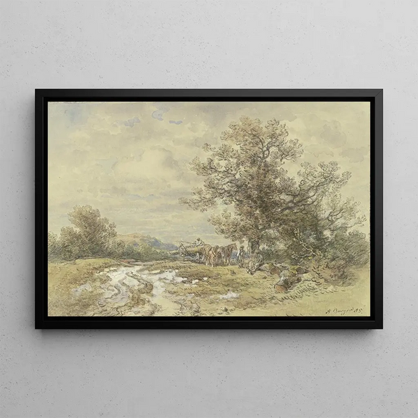 Paesaggio con grande albero e carro di legno - Anton Burger — quadro incorniciato alla parete
