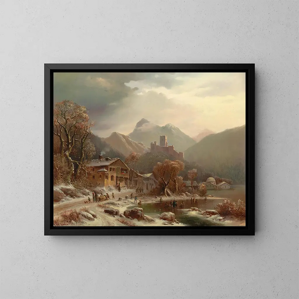 Un'idyllica invernale con vista sulle rovine di Kropfsberg in Tirolo - Anton Doll — quadro incorniciato alla parete