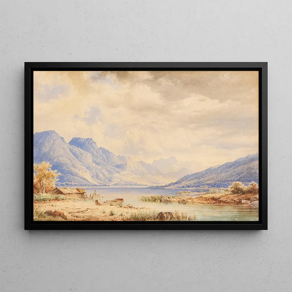 Lago di montagna con rimessa per barche - Anton Doll — quadro incorniciato alla parete
