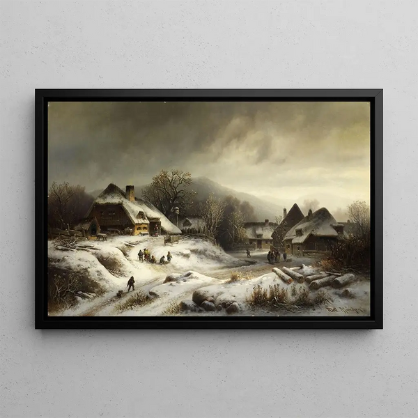 Paesaggio di villaggio innevato - Anton Doll — quadro incorniciato alla parete