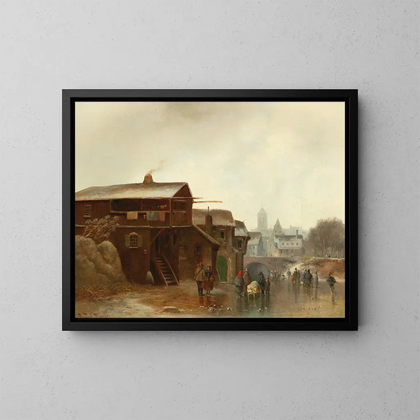 Divertimenti invernali con una città sullo sfondo - Anton Doll — quadro incorniciato alla parete