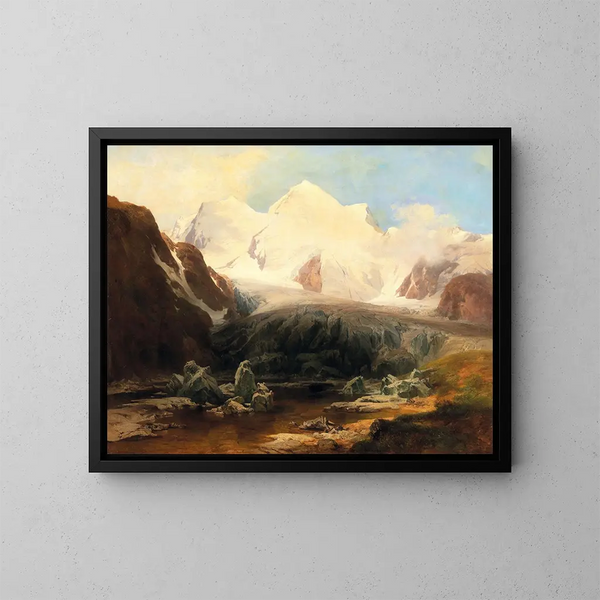 Vista di un lago di montagna con montagne innevate sullo sfondo - Anton Hansch — quadro incorniciato alla parete