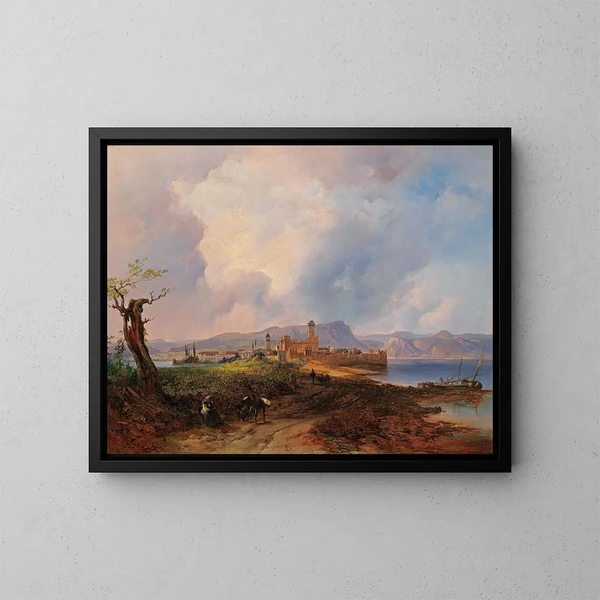 Vista del castello di Sermione sull'isola di Sermione sul lago di Garda - Anton Hansch — quadro incorniciato alla parete