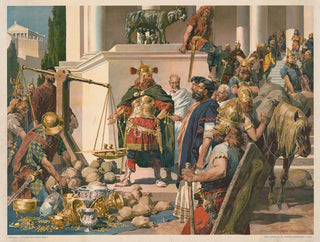 Anton Hoffmann - Nordic military men negotiating with Romans over gold silver bowls and coins.webp