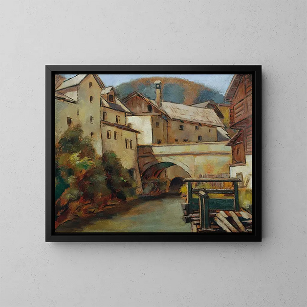 Vista di una città con fiume e ponte - Anton Hula — quadro incorniciato alla parete