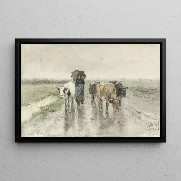 Una pastora con mucche su un sentiero di campagna sotto la pioggia - Anton Mauve — quadro incorniciato alla parete