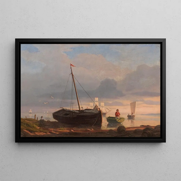 Anton Melbye - Fischerboote am Strand im Abendlicht.webp
