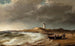 Pescatori vicino alle loro barche sulla spiaggia vicino al faro di Skagen - Anton Melbye — vista dell’opera