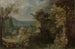 Cacciatore e cavalieri su una strada boschiva con un villaggio in una valle oltre - Anton Mirou — vista dell’opera