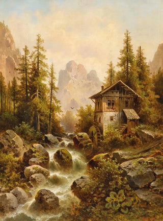 Anton Pickert - A wooded landscape with a waterfall.webp