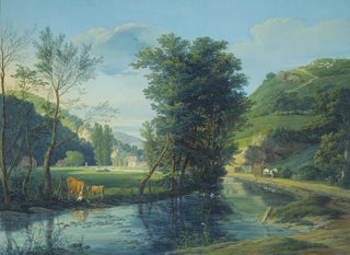 Anton Radl - In einem Tal das ein Bach durchstrmt mehrere zerstreute Huser auf dem Wege ein Fuhrwerk mit einem Schimmel links eine Kuh mit einem Kalb.webp